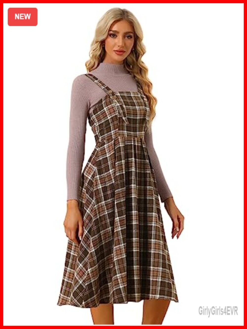 Plaid Sleeveless Overall Dress A-Line Midi Casual Vintage
